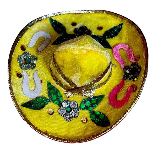 MEXICO MINI SOMBRERO MARIACHI HAT YELLOW VELVET w/  SEQUINS 9” Great for a dog - Picture 3 of 5